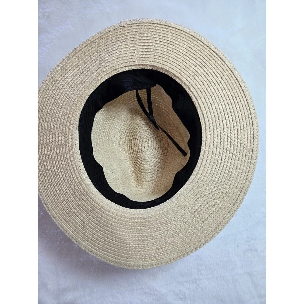 Beige Woven Straw Fedora Wide Brim Sun Hat with Black Ribbon Band Adjustable‎